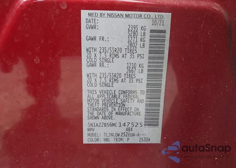 2021 Nissan Murano Sv Intelligent Awd from USA, damaged, VIN 5N1AZ2BS6MC147525